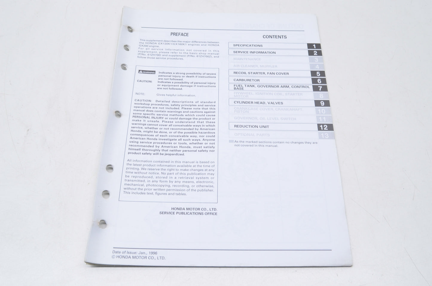 New OEM Honda Shop Manual GX200 Supplement NOS