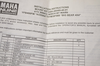 OEM Yamaha ABA-4SH69-40-01 Kodiak Winch Mount NOS