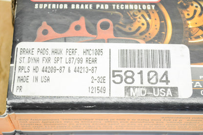 New Hawk Performance Rear Brake Pad Kit NOS