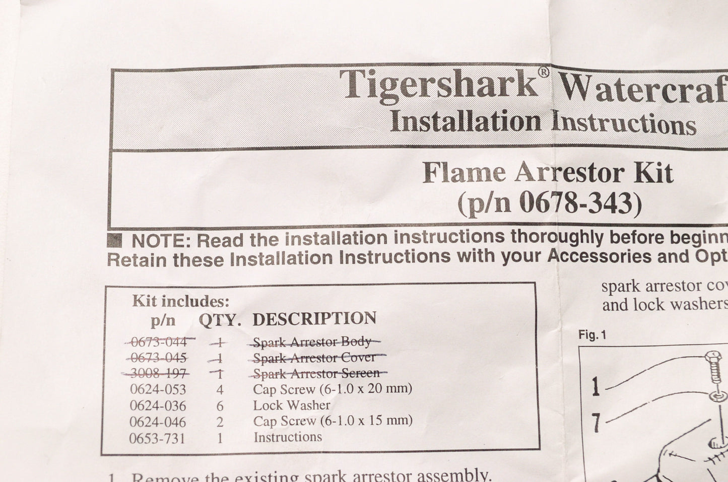 Tigershark 0678-343, 0624-053, 0624-063 Flame Arrestor Hardware Kit NOS
