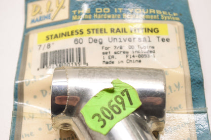 New D.I.Y. Marine Stainless Steel Rail Fitting 7/8' 60 Deg Universal Tee NOS