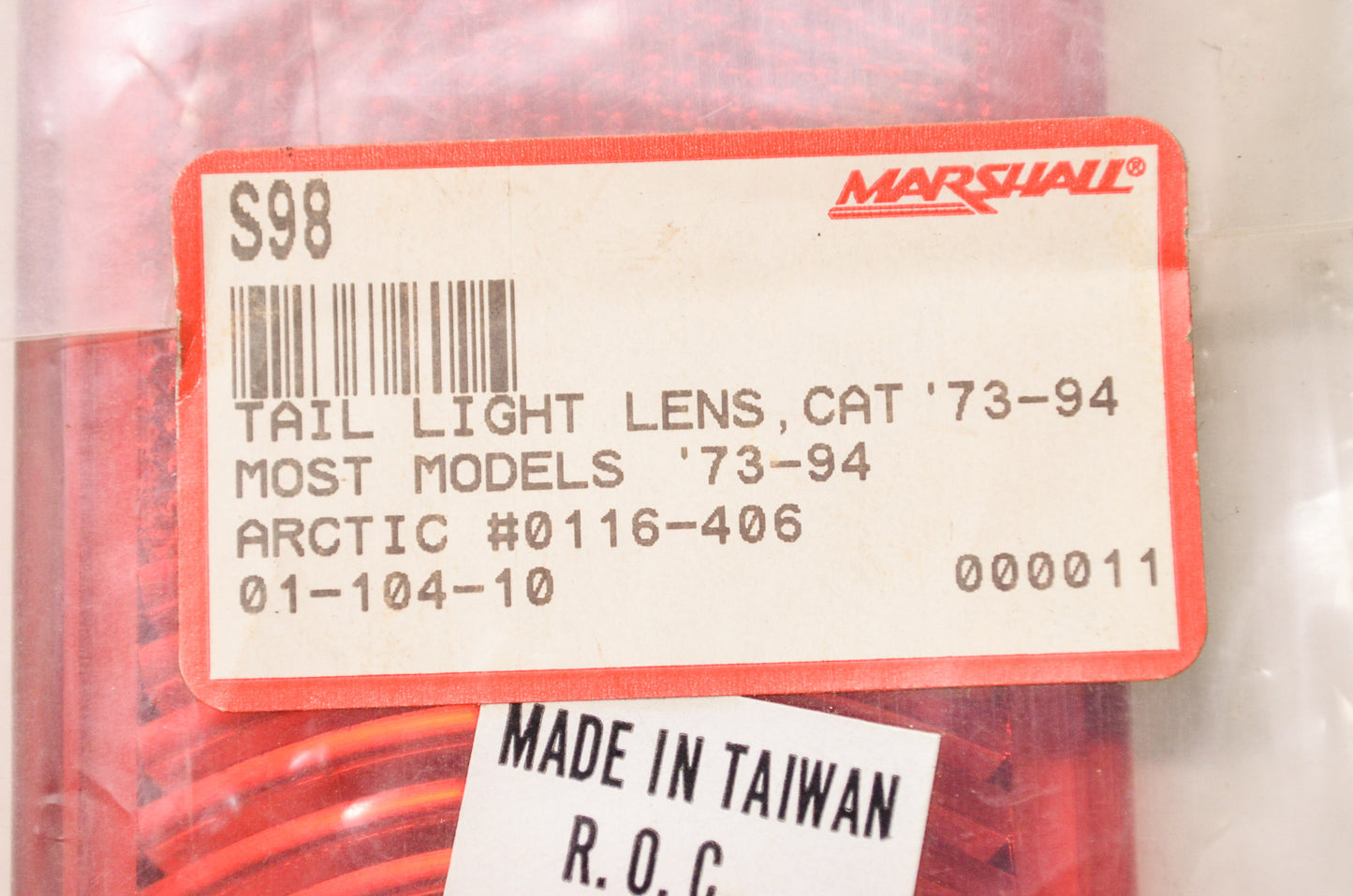 Marshall S98, 01-104-10, 0116-406 Tail Light Lens Arctic Cat 73-94 NOS