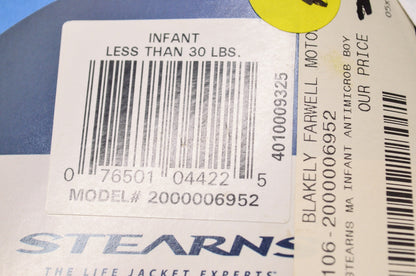 New Stearns Infant Nylon Antimicrobial Life Jacket Vest Under 30 lbs NOS