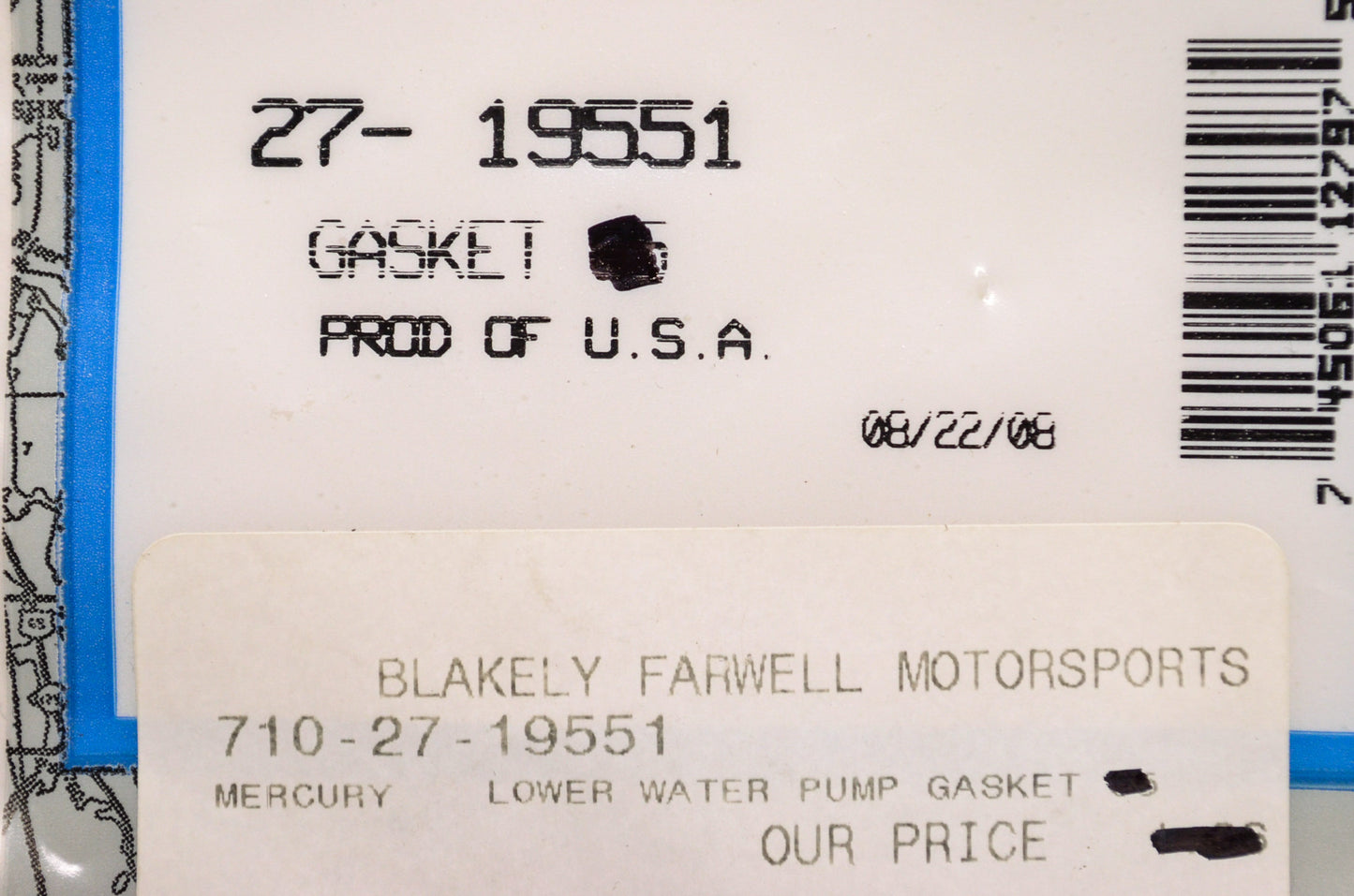 New OEM Quicksilver Mercury Marine Lower Water Pump Gasket NOS