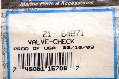 Quicksilver 21-64871 Mercury Marine Check Valve NOS