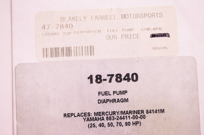 Sierra 18-7840, 84141M Fuel Pump Diaphragm Mercury Yamaha NOS