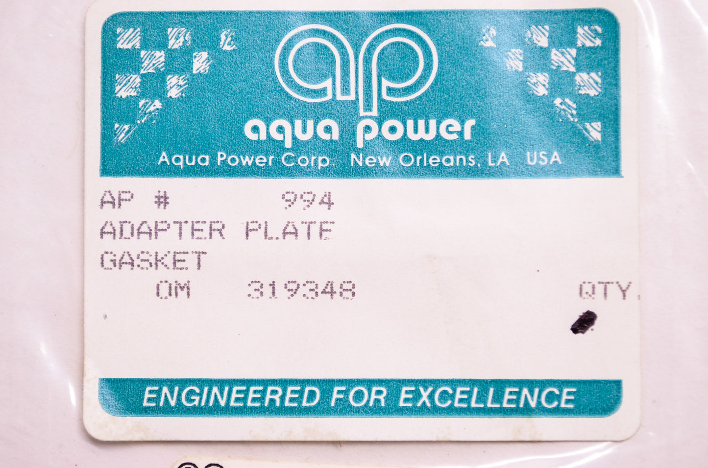 New Aqua Power Adapter Plate Gasket NOS