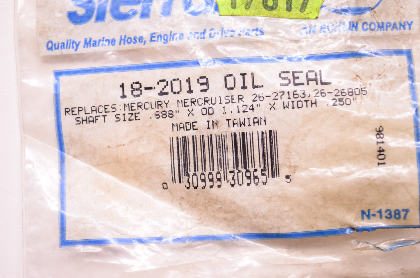 New Sierra Oil Seal Mercury Shaft Size .688' x OD 1.124' x W .250' NOS