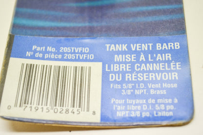 Tank Vent Barb 3/8' NPT Fits 5/8' I.D. Vent Hose NOS