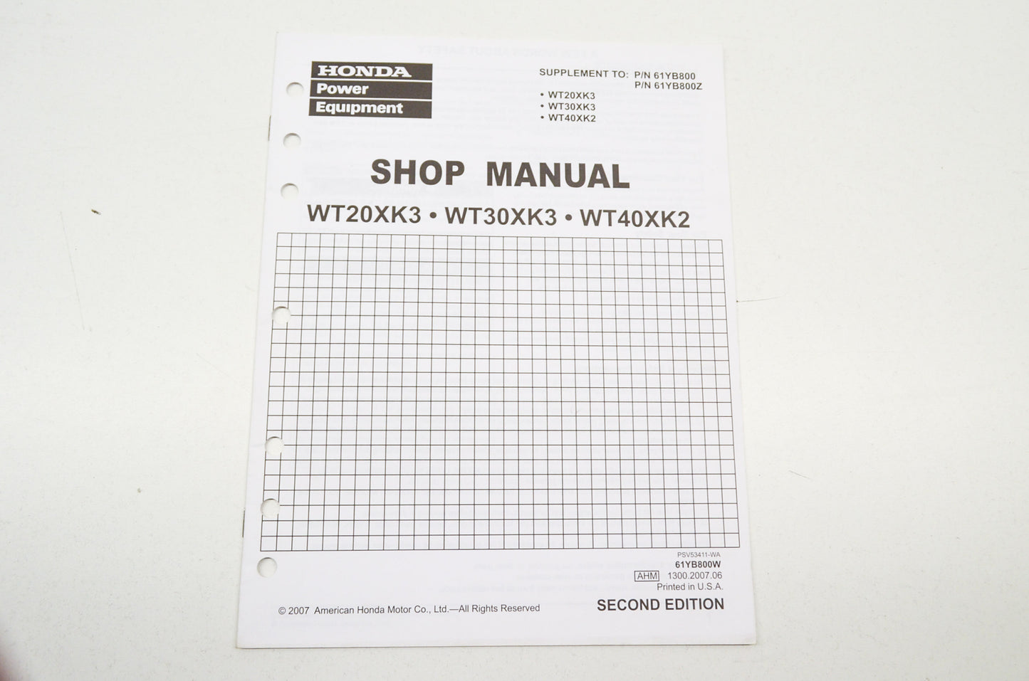 OEM Honda 61YB800W Second Edition Supplement Shop Manual WT20XKE WT30XK3 WT40XK2