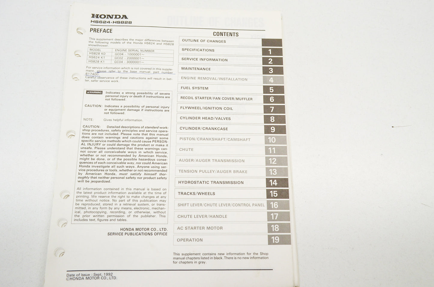 OEM Honda Supplement Shop Manual Snowblower HS624 HS828