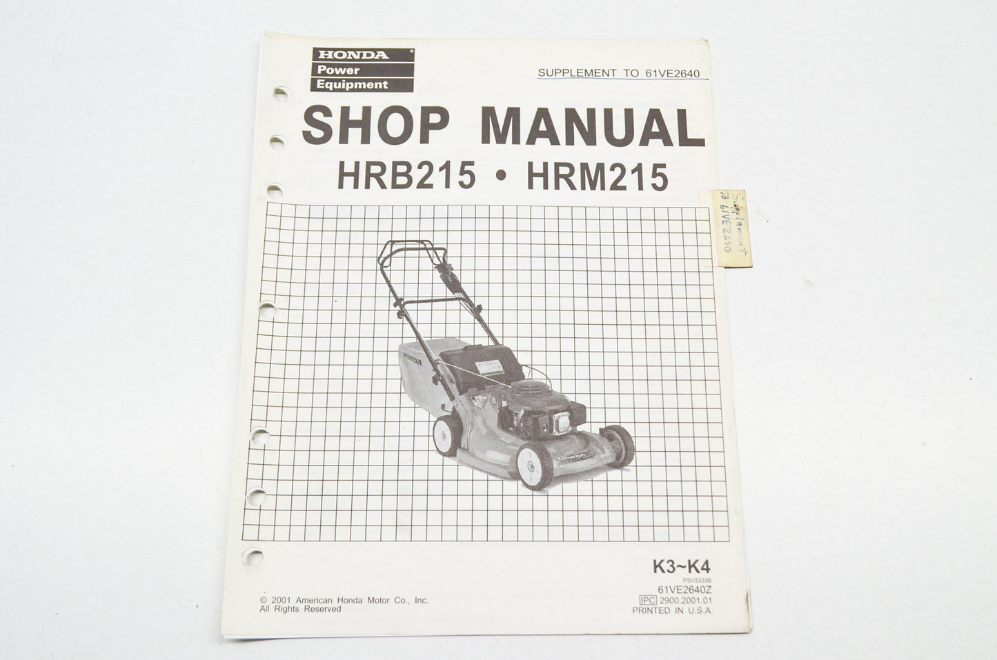 OEM Honda Shop Manual Supplement Rotary Mower HRB215 HRM215