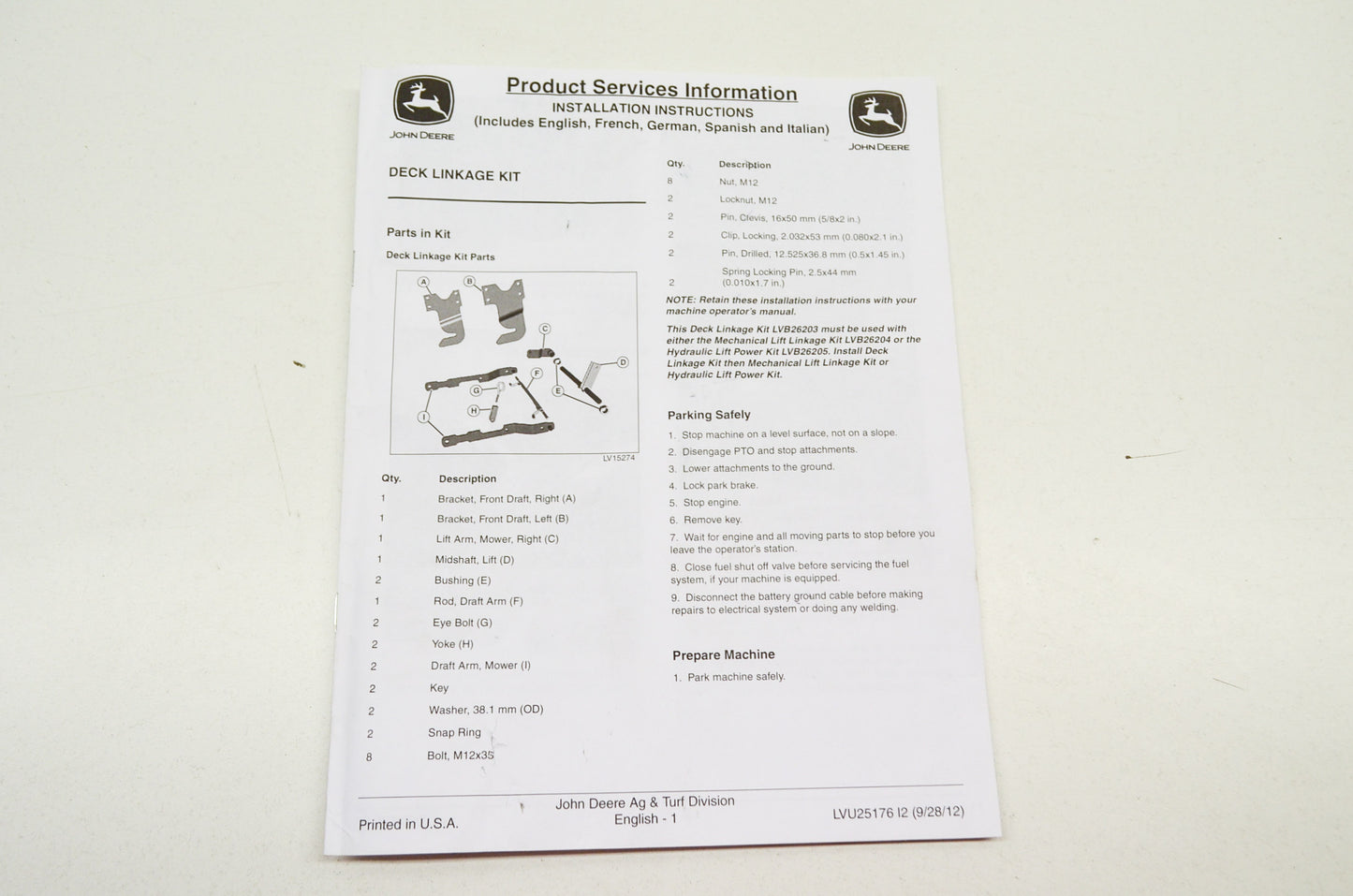 OEM John Deere Installation Instructions Deck Linkage Kit