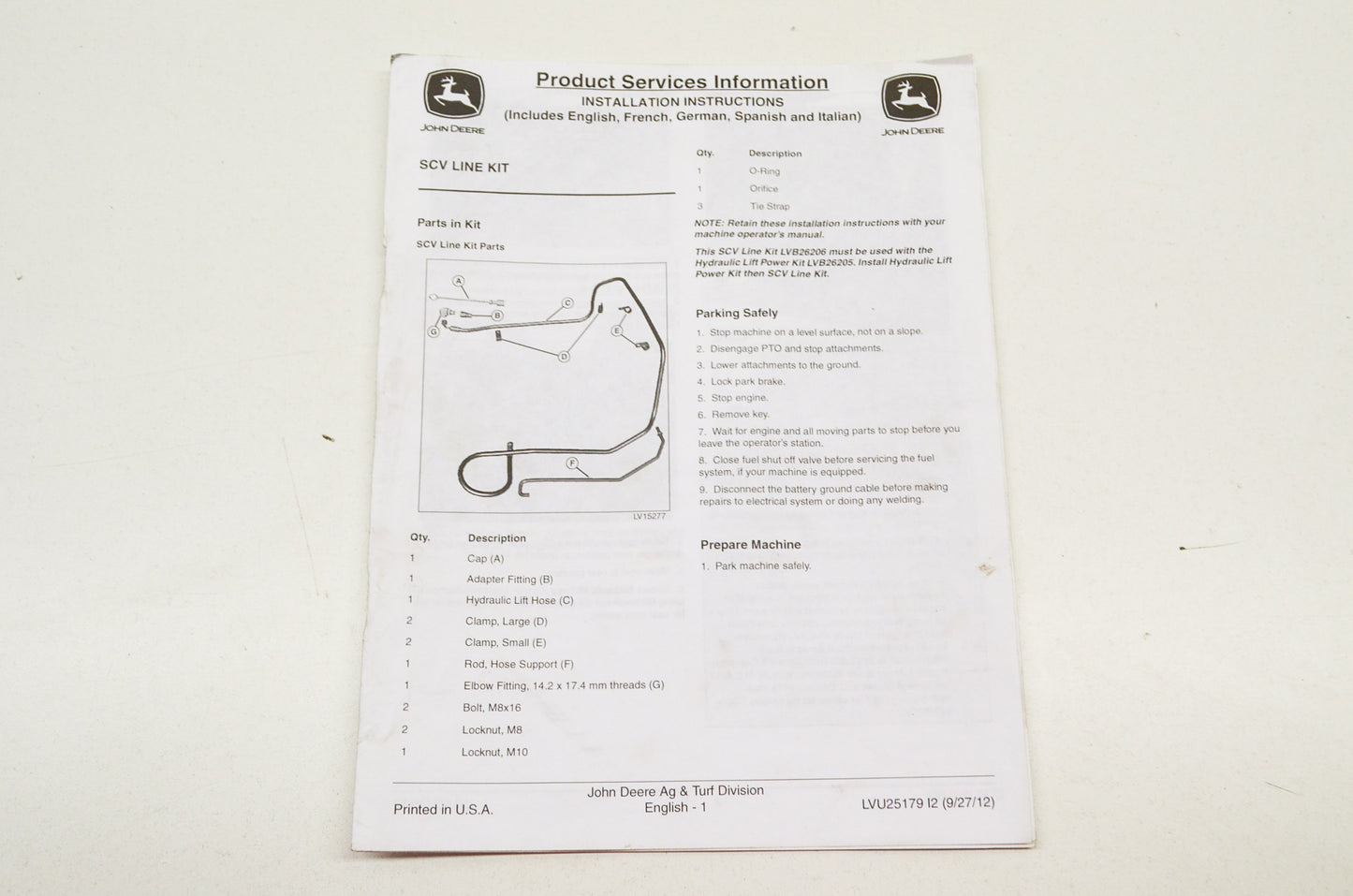 OEM John Deere Installation Instructions SCV Line Kit