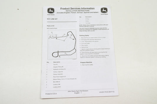 OEM John Deere LVU25179I2 Installation Instructions SCV Line Kit NOS