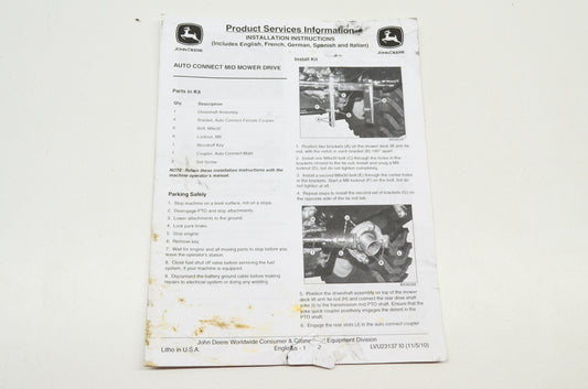OEM John Deere Installation Instructions Auto Connect Mid Mower Drive