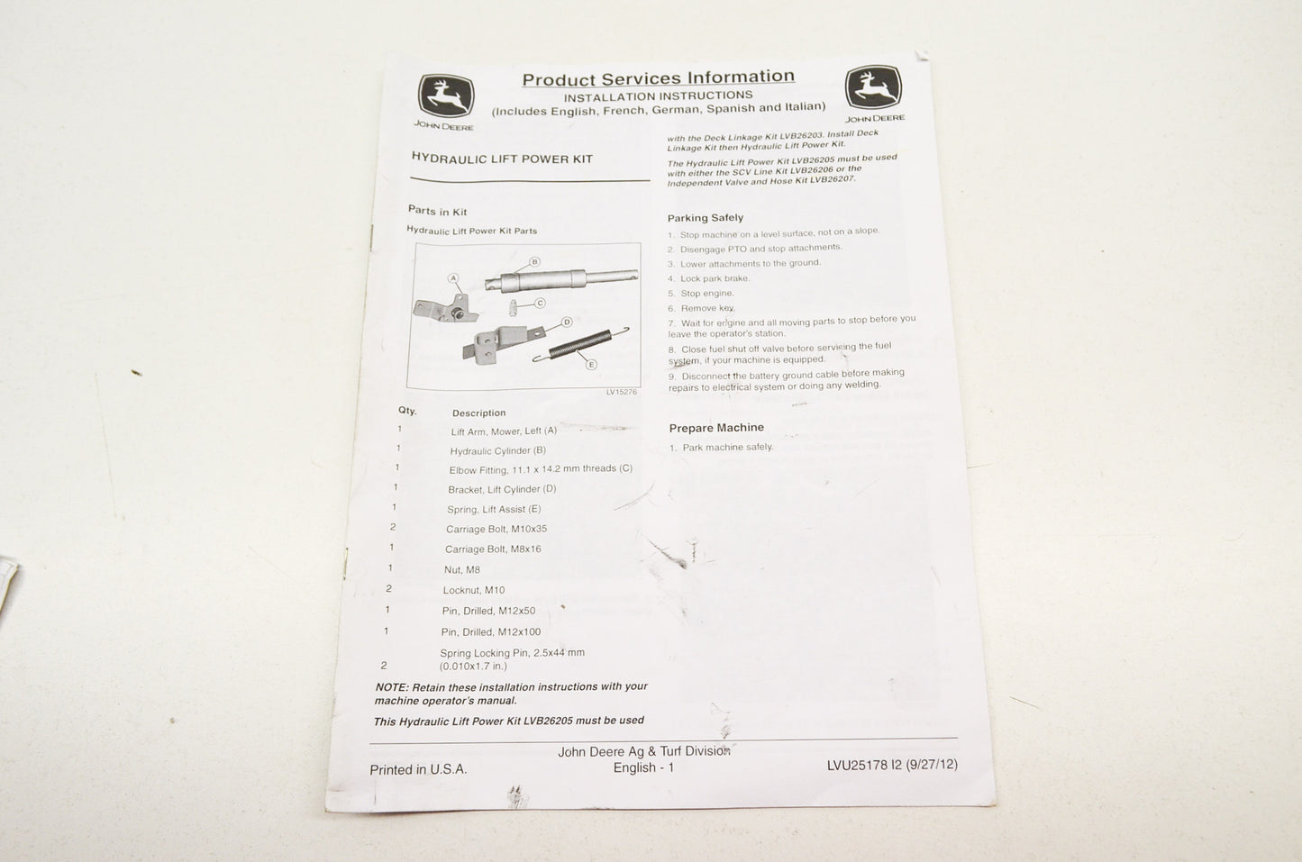OEM John Deere Installation Instructions Hydraulic Lift Power Kit