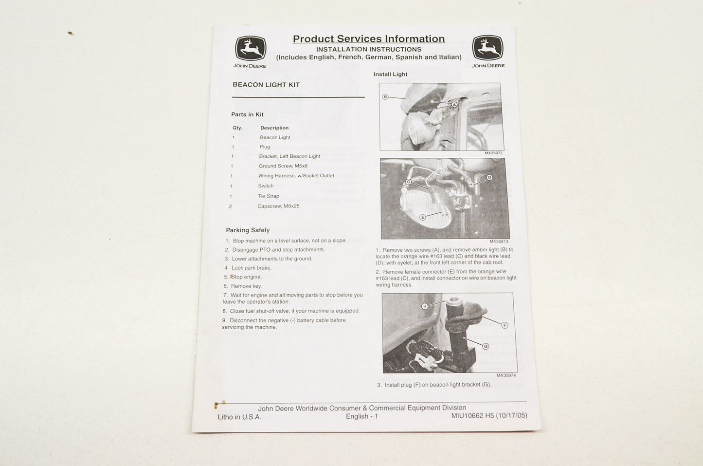 OEM John Deere Installation Instructions Beacon Light Kit