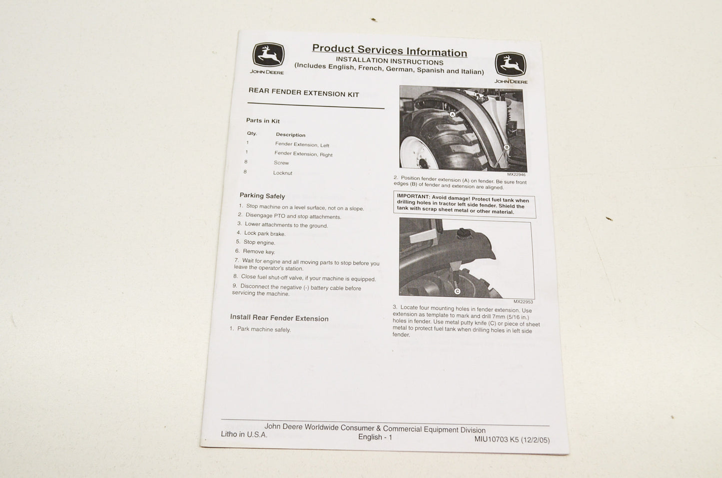 OEM John Deere Installation Instructions Rear Fender Extension Kit