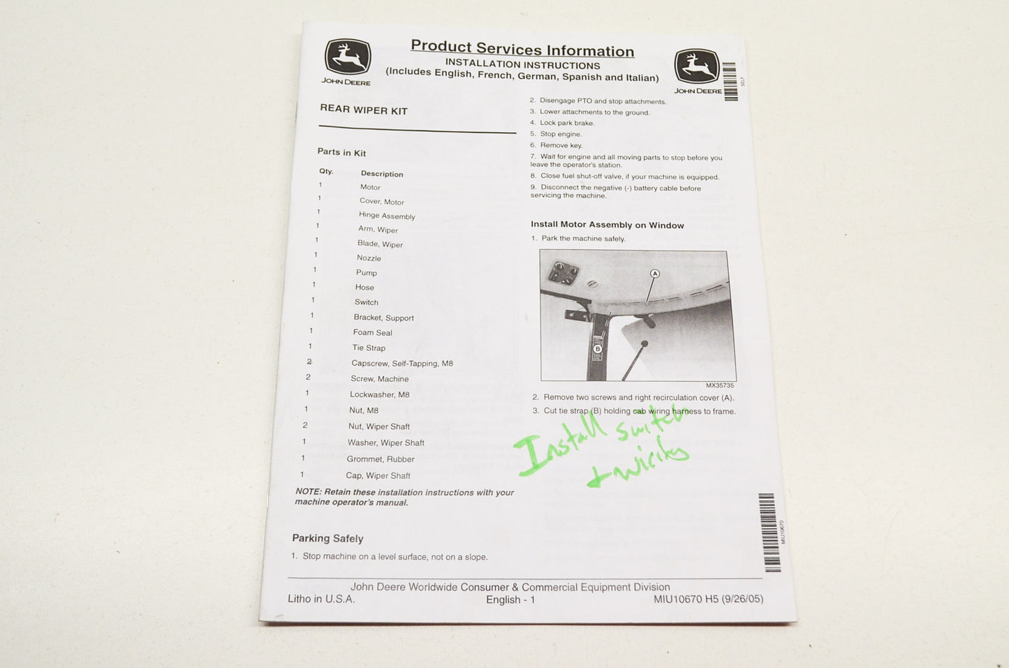 OEM John Deere Installation Instructions Rear Wiper Kit