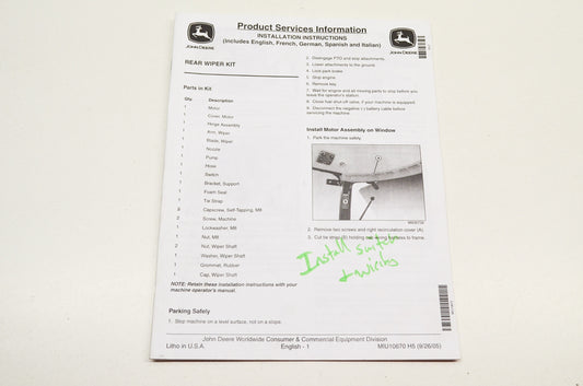OEM John Deere Installation Instructions Rear Wiper Kit