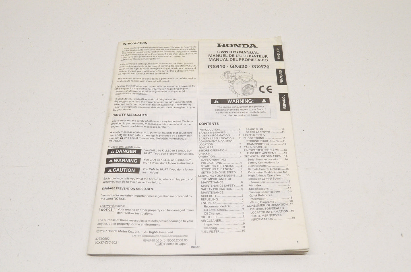 OEM Honda 37Z6C602 Owner's Manual GX610, GX620, GX670 NOS