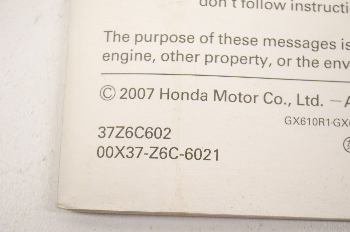 OEM Honda 37Z6C602 Owner's Manual GX610, GX620, GX670 NOS