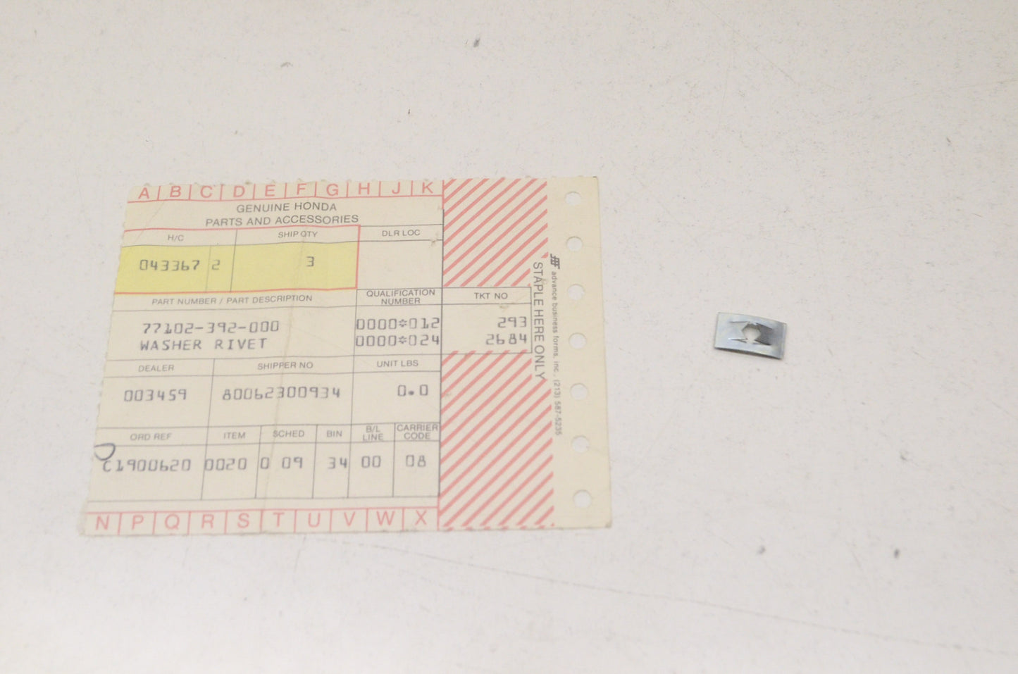 OEM Honda 77102-392-000 Rivet Washer NOS