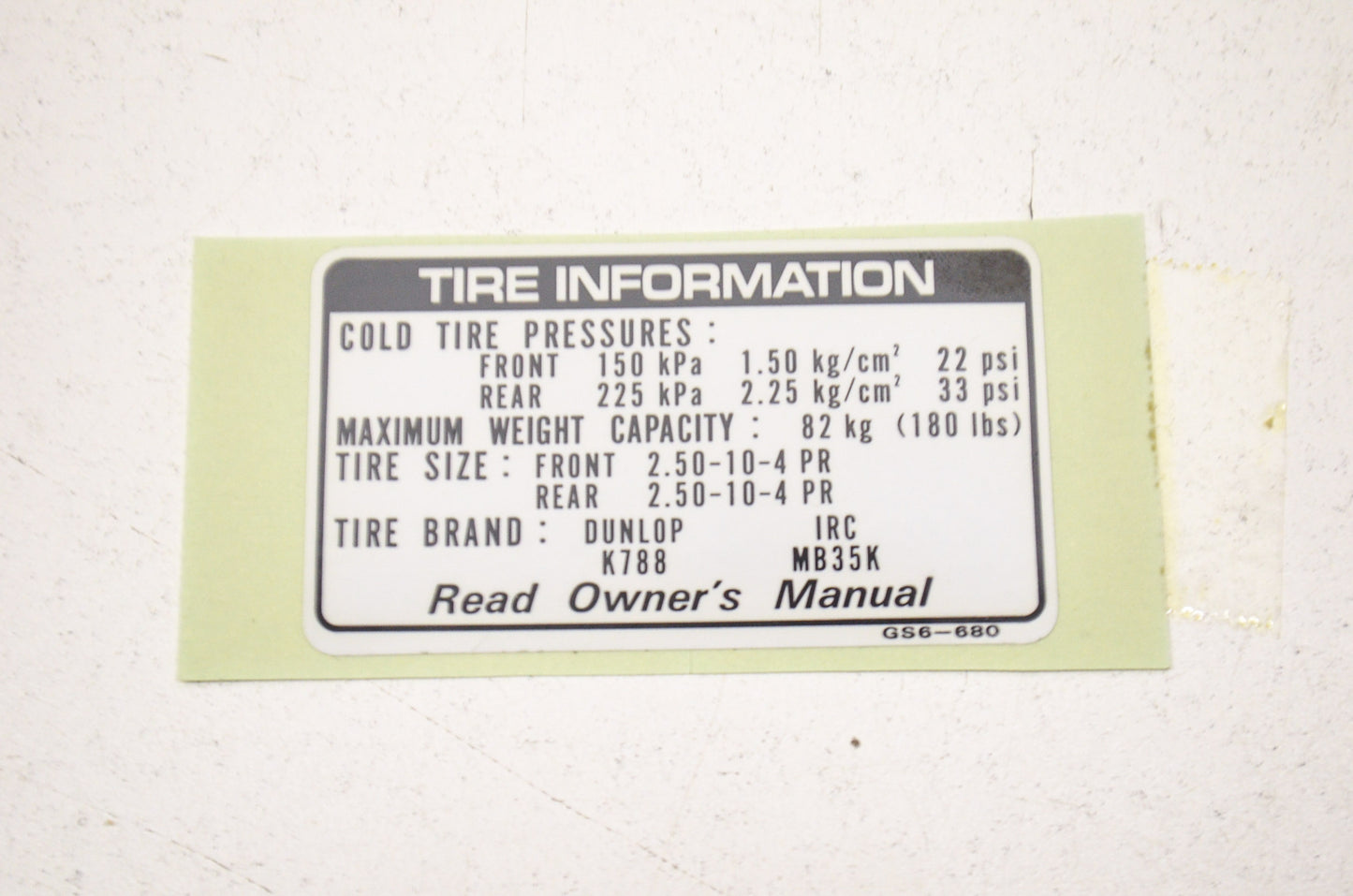 OEM Honda 87505-GS6-680 Tire Label NOS