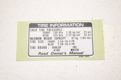 OEM Honda 87505-GS6-680 Tire Label NOS