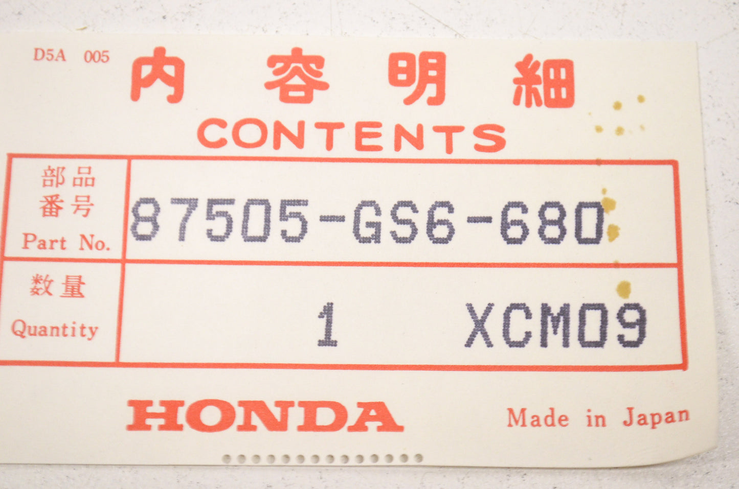 OEM Honda 87505-GS6-680 Tire Label NOS