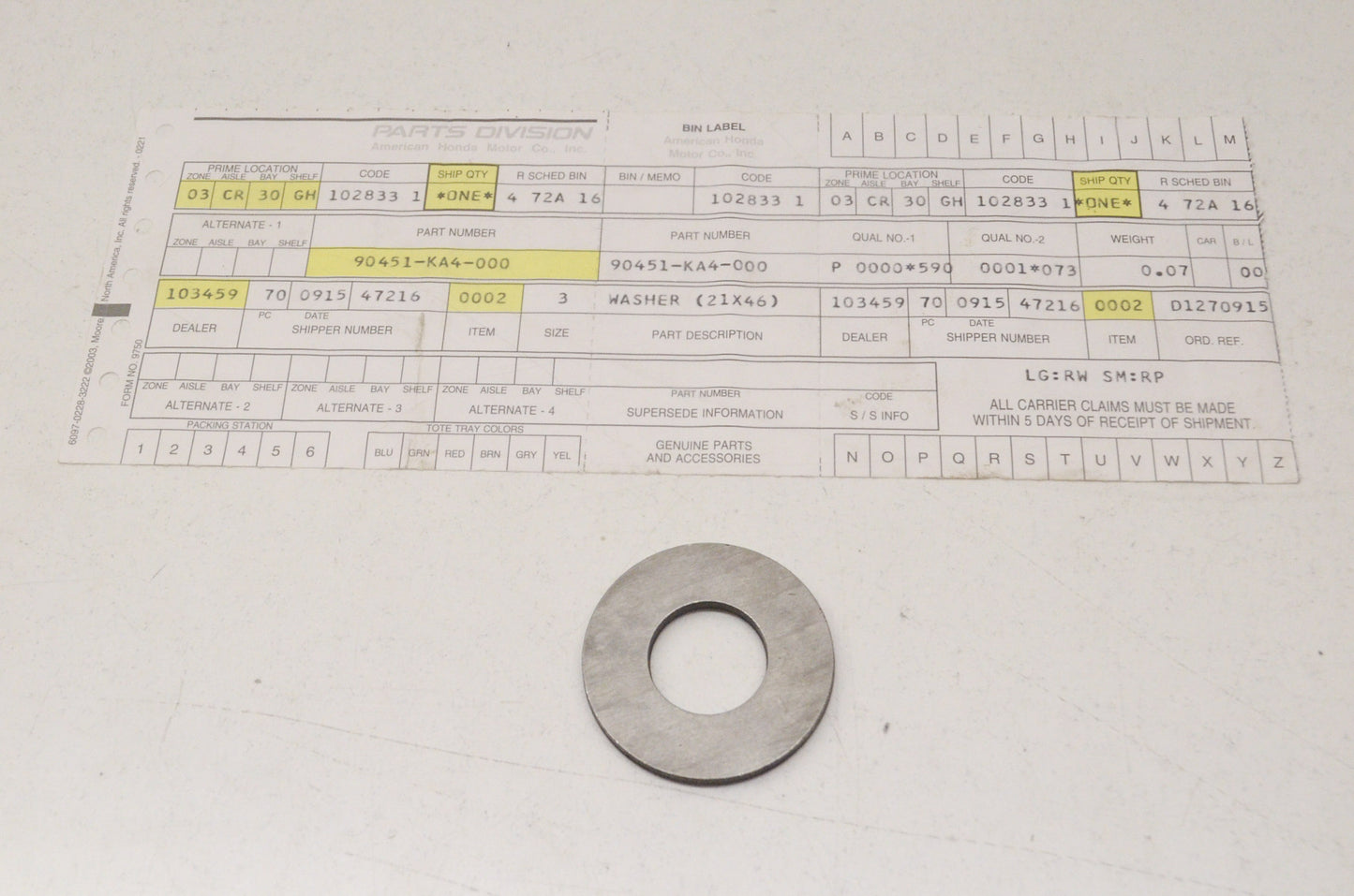 OEM Honda 90451-KA4-000 Washer (21X46) NOS
