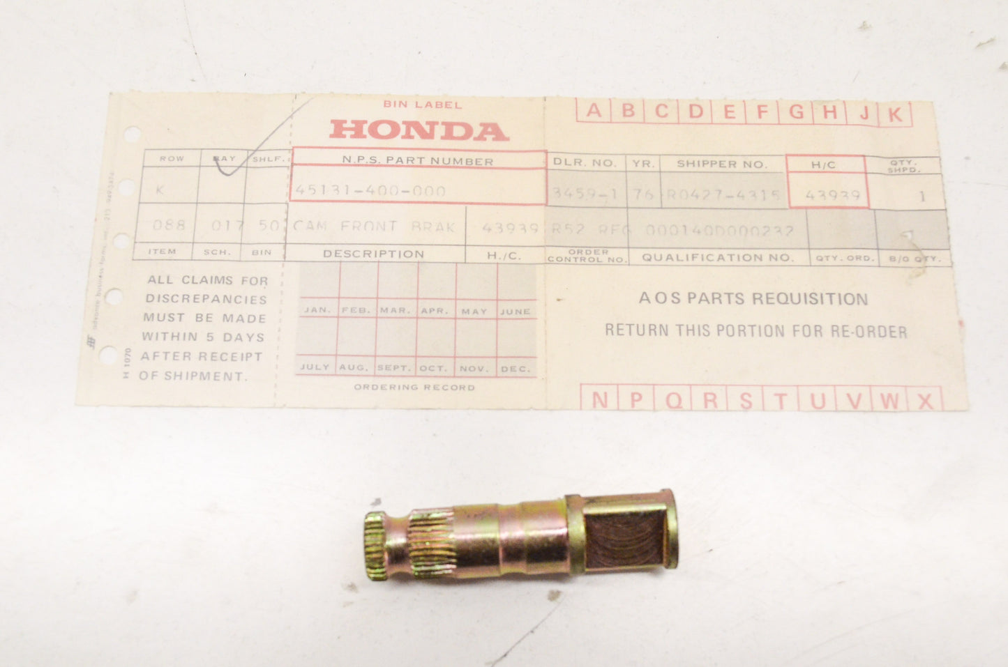 OEM Honda 45131-400-000 Front Brake Cam NOS