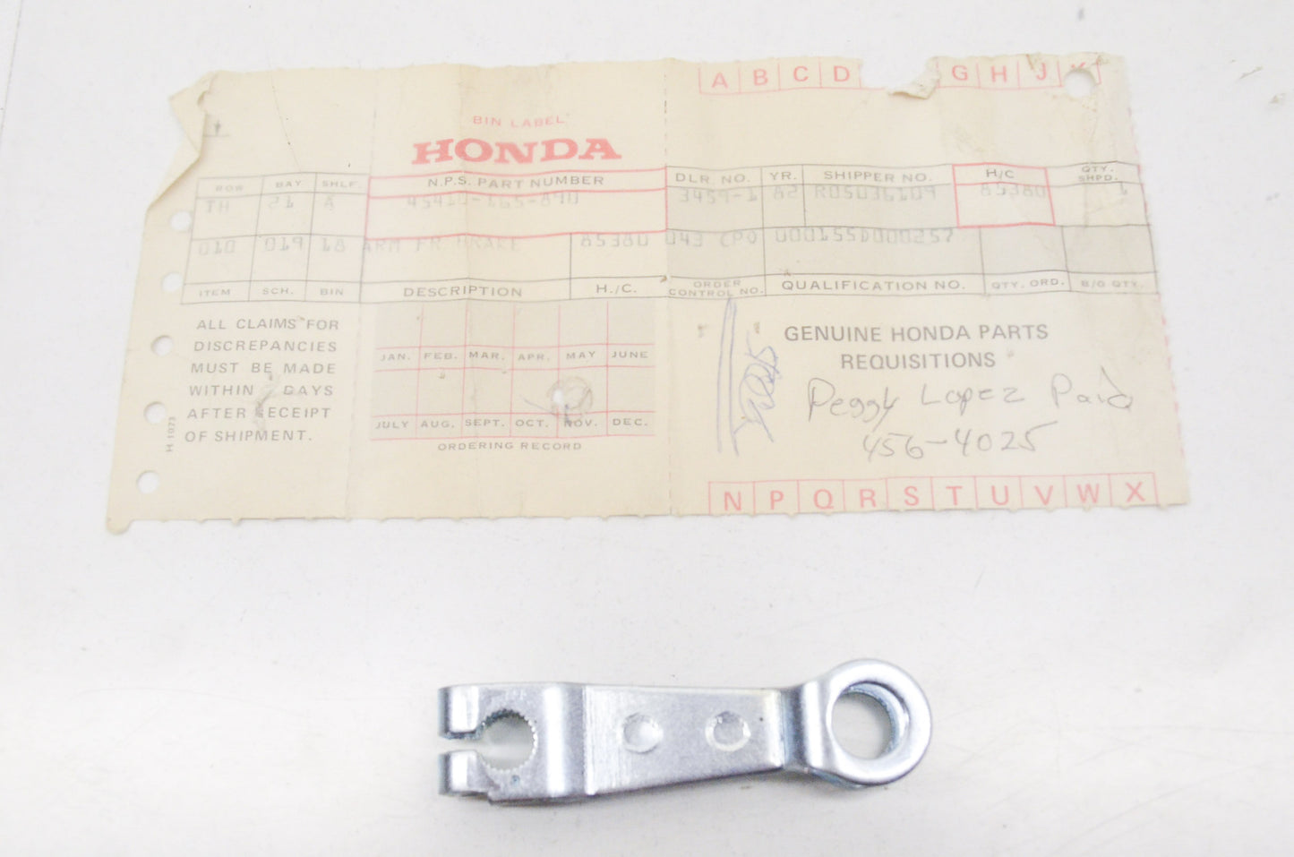 OEM Honda 45410-165-890 Front Brake Arm NOS
