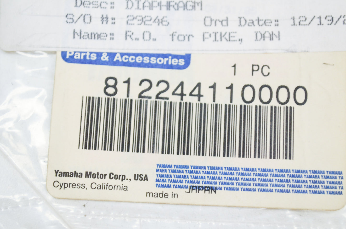 OEM Yamaha 812-24411-00-00 Diaphragm NOS