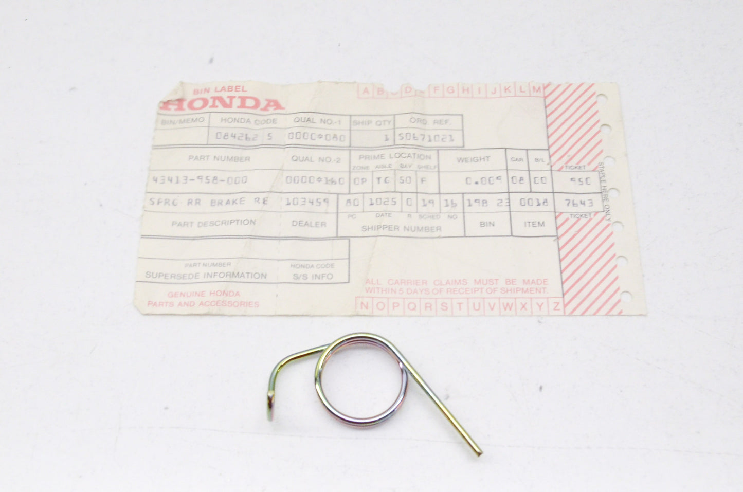 OEM Honda 43413-958-000 Rear Spring NOS