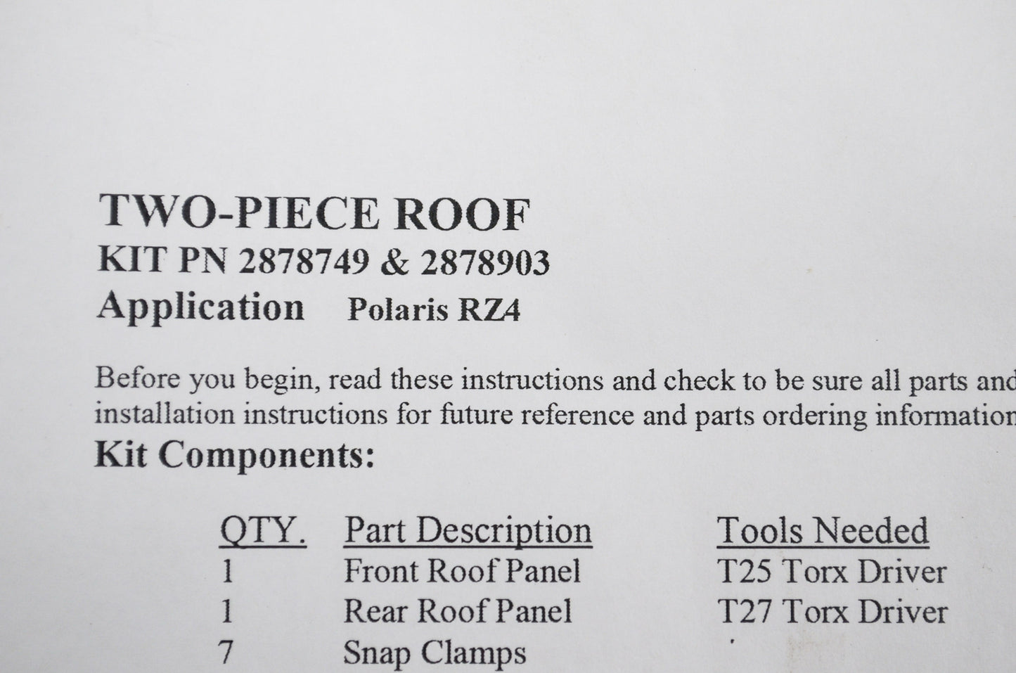 Lock & Ride Tinted Roof Kit RZR XP NOS
