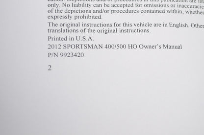 OEM Polaris 9923420 Owner's Manual 12 Sportsman 4/500 HO NOS