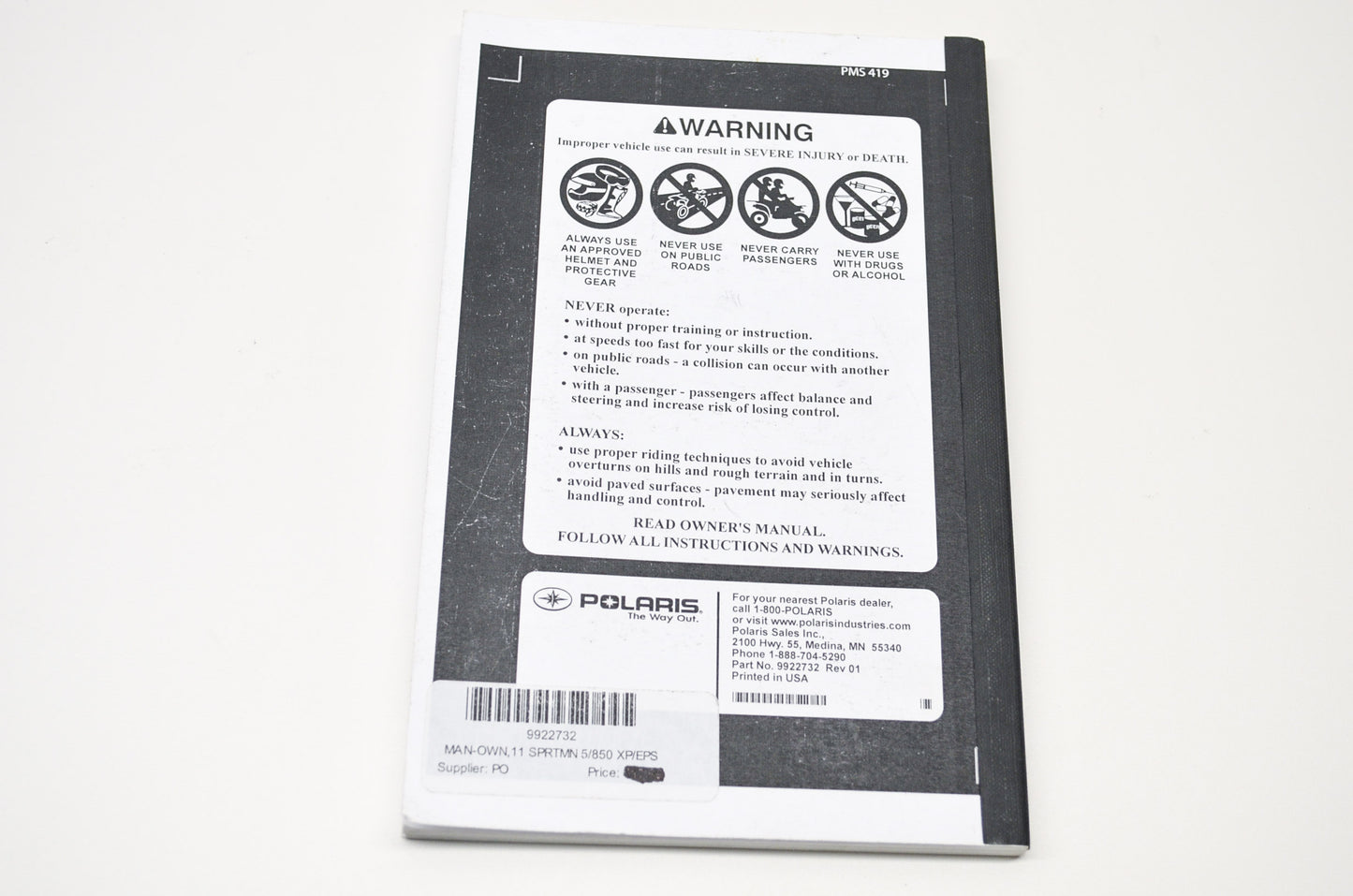 OEM Polaris 9922732 Owner's Manual 11 Sportsman 5/850 XP/EPS NOS