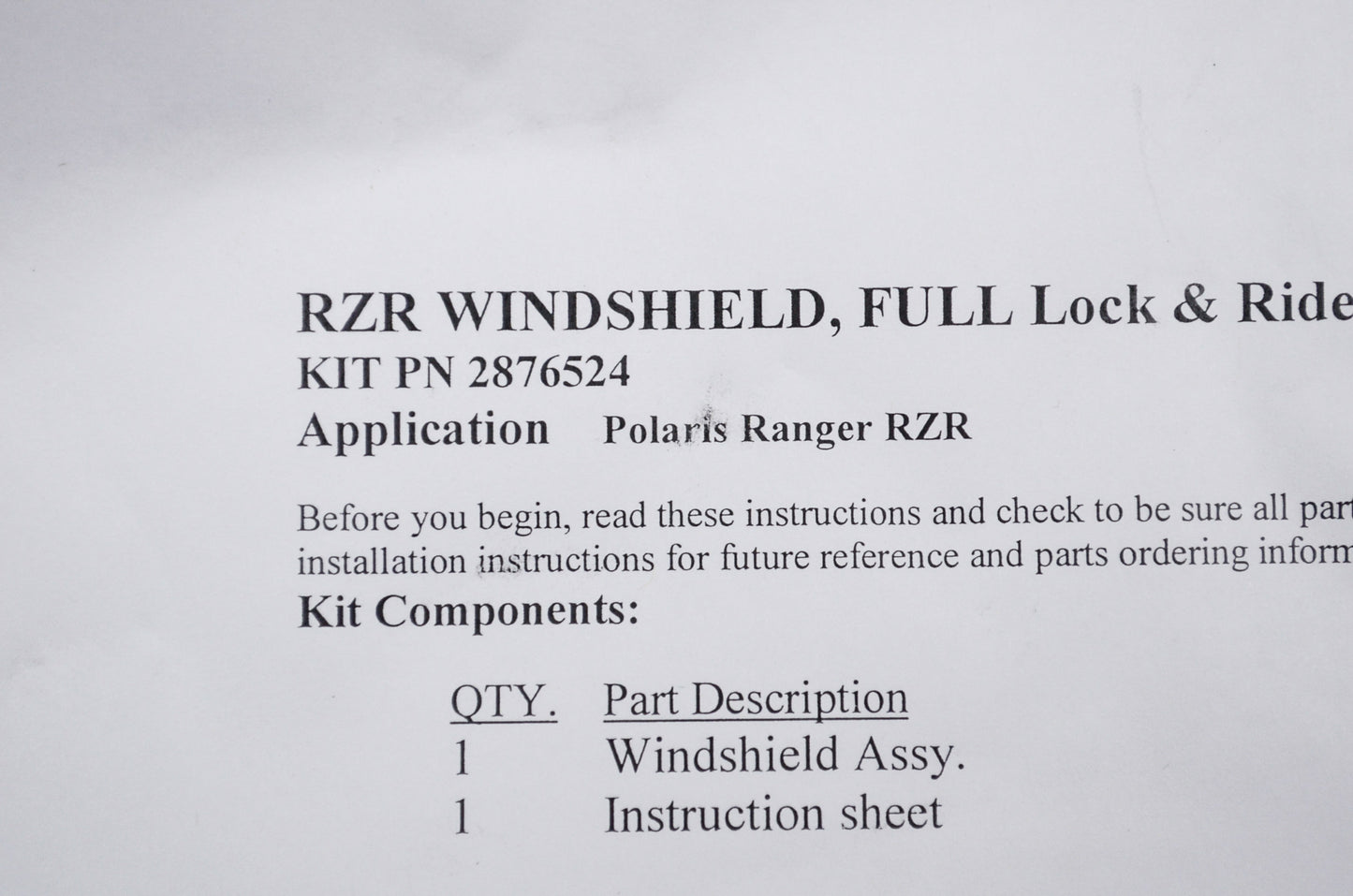 RZR Lock & Ride Poly Full Windshield NOS