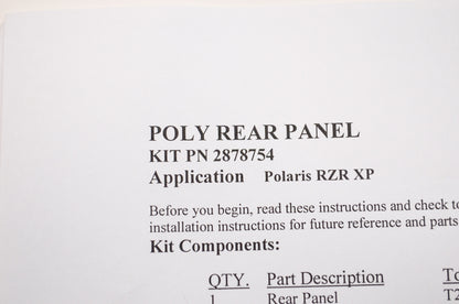 OEM Polaris 2878754 Lock & Ride Rear Windshield Panel RZR NOS