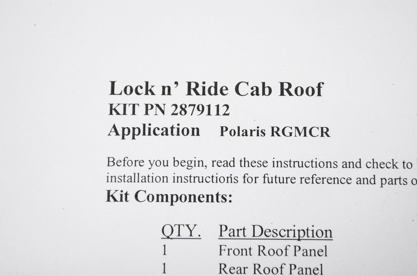 Lock n' Ride Poly Cab Roof NOS