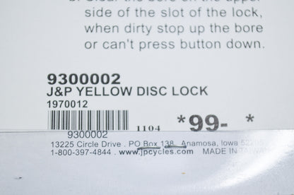 New J&P Cycles Yellow Disc Lock NOS