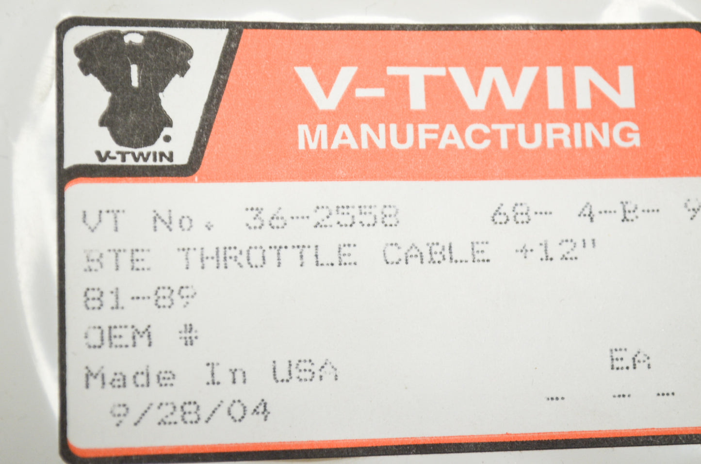 New V-Twin Throttle Cable NOS
