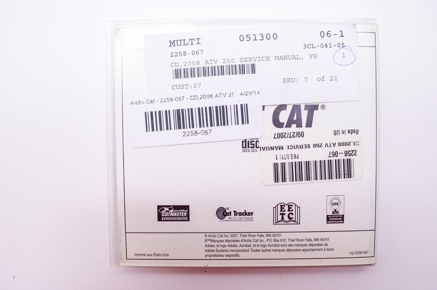 OEM Arctic Cat 2258-067 2008 ATV DVX 250 Utility Service Manual Compact Disc Fre