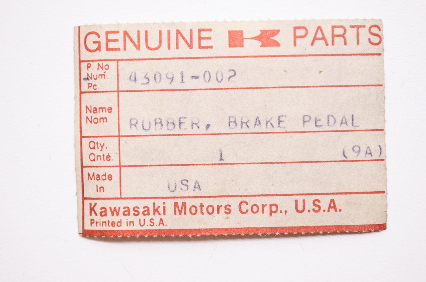 OEM Kawasaki 43091-002 Brake Pedal Rubber NOS