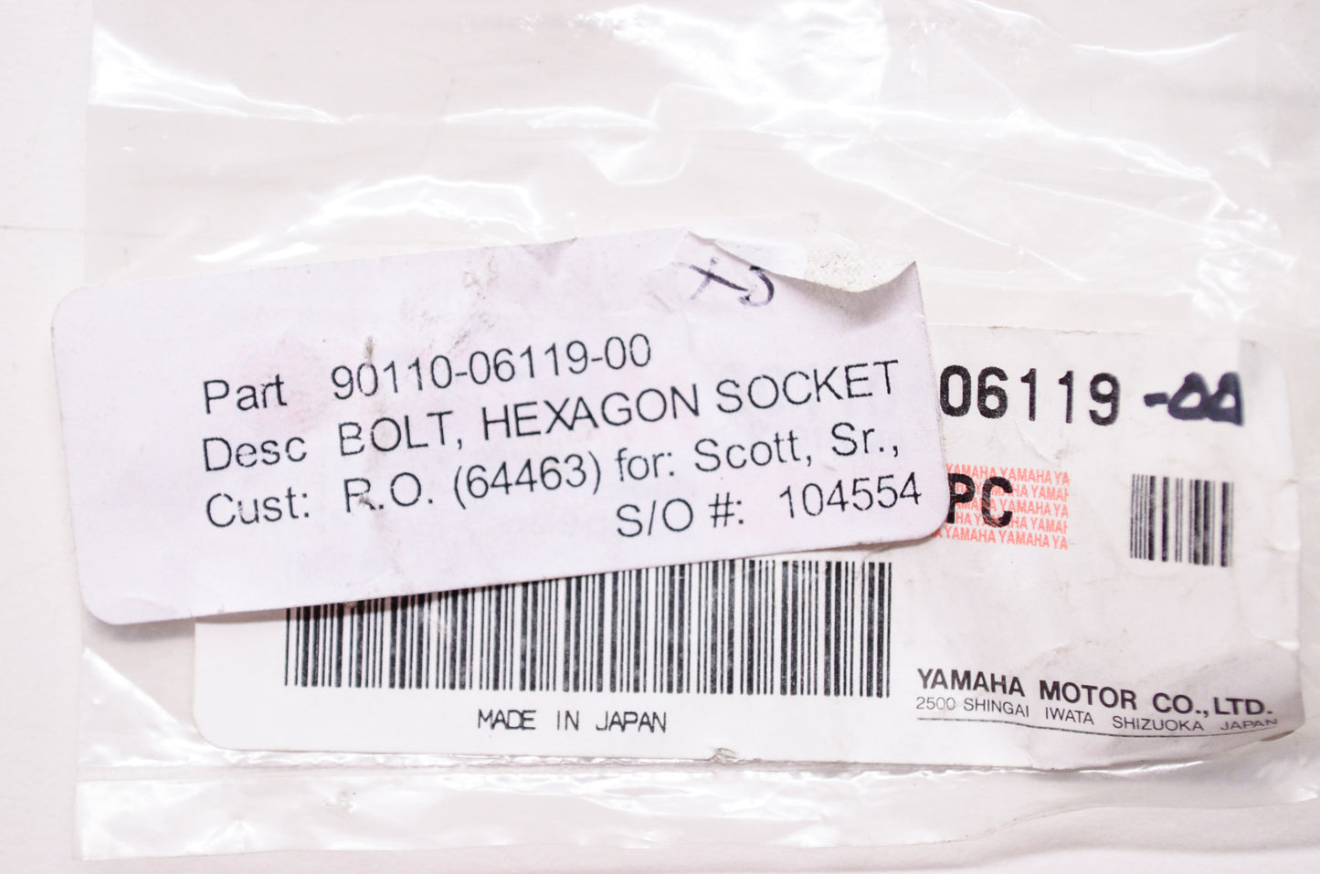OEM Yamaha 90110-06119-00 Hexagon Socket Bolt NOS