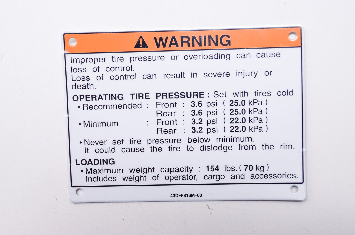 New OEM Yamaha Tire & Load Warning Decal NOS