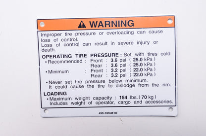 New OEM Yamaha Tire & Load Warning Decal NOS