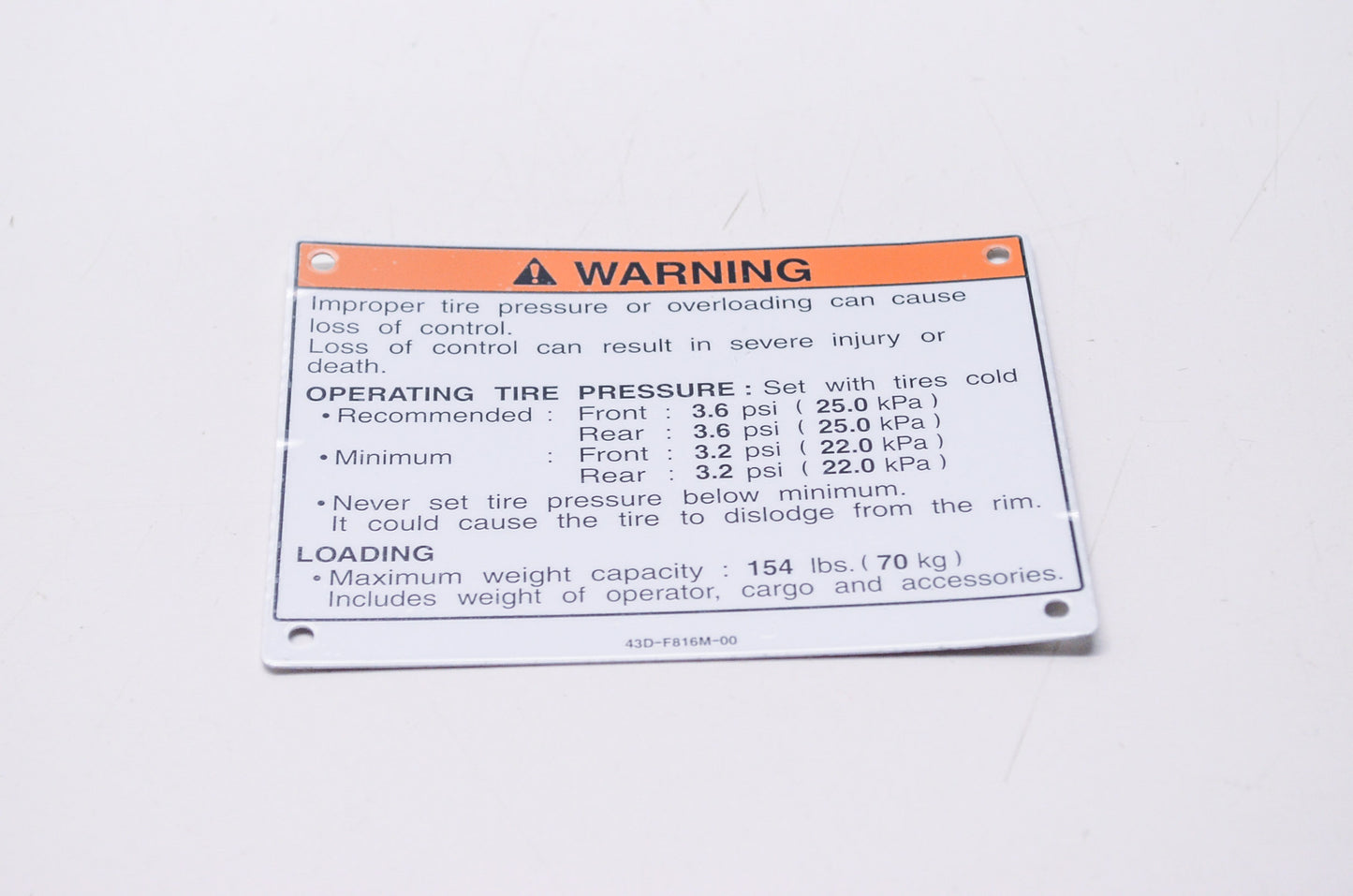 New OEM Yamaha Tire & Load Warning Decal NOS